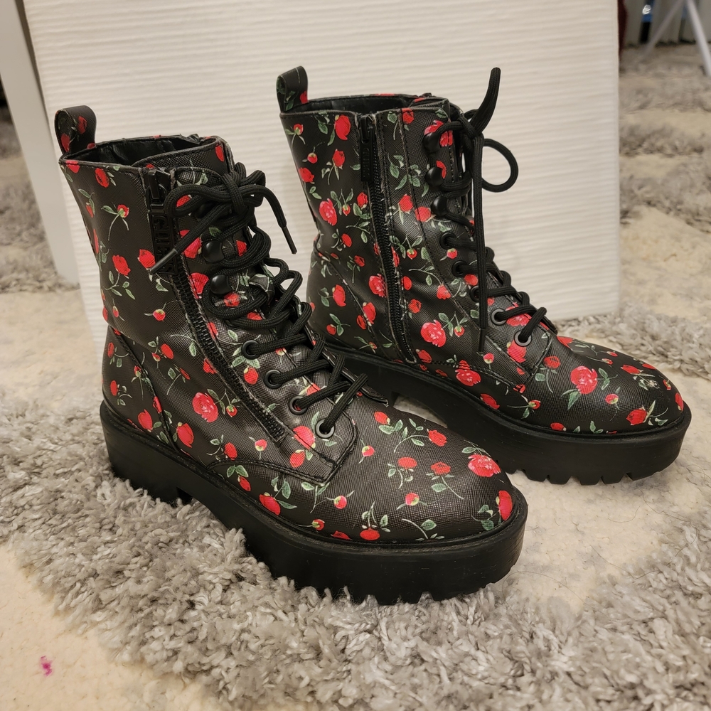 Guess Black Combat Boots with Red Floral Print